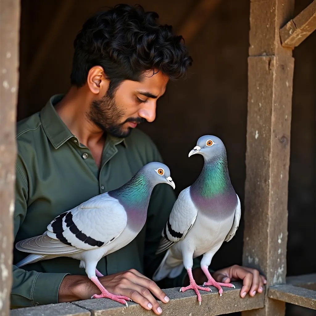 Pakistani Pigeon Breeder Tending His Flock