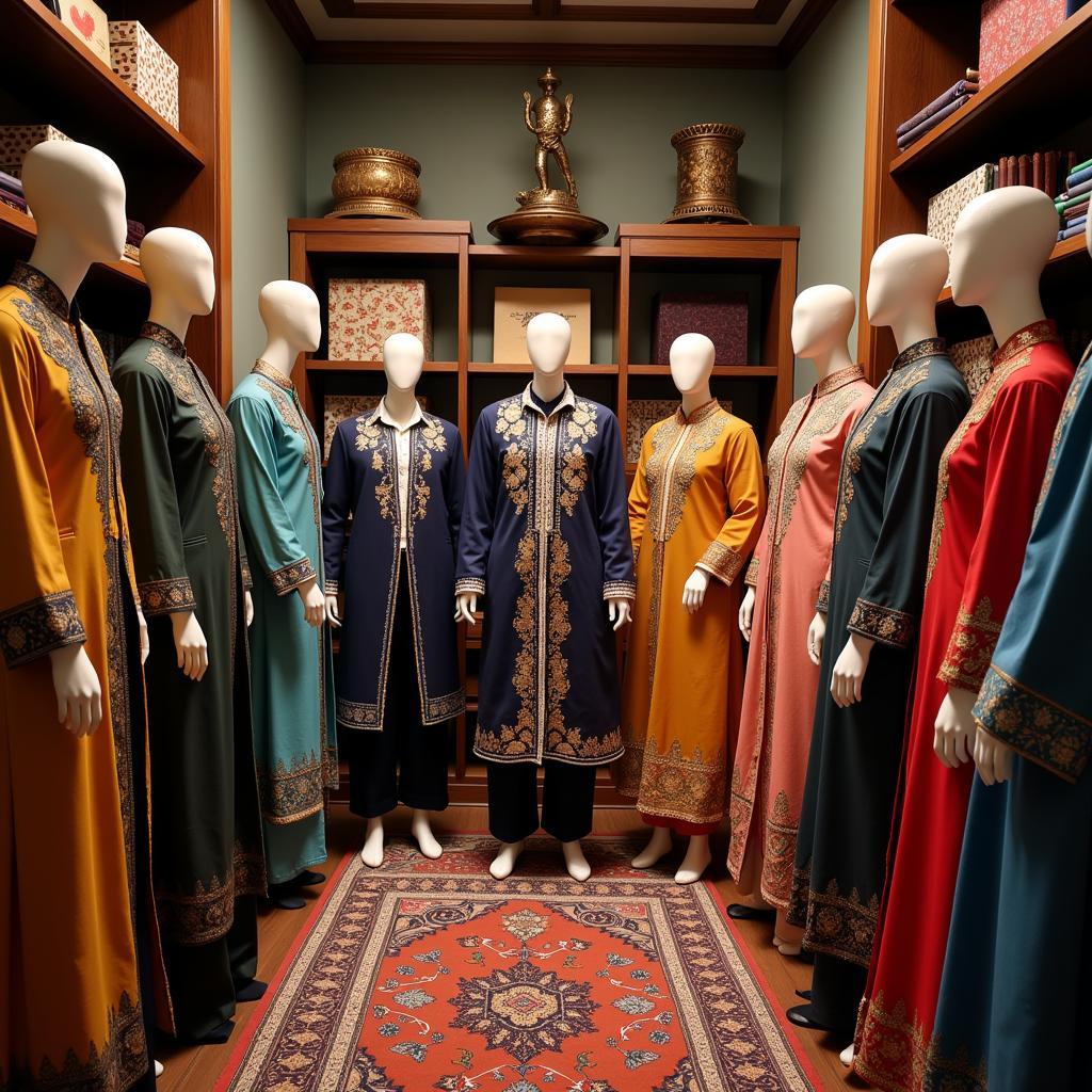 Different styles of prince coats displayed in a shop window