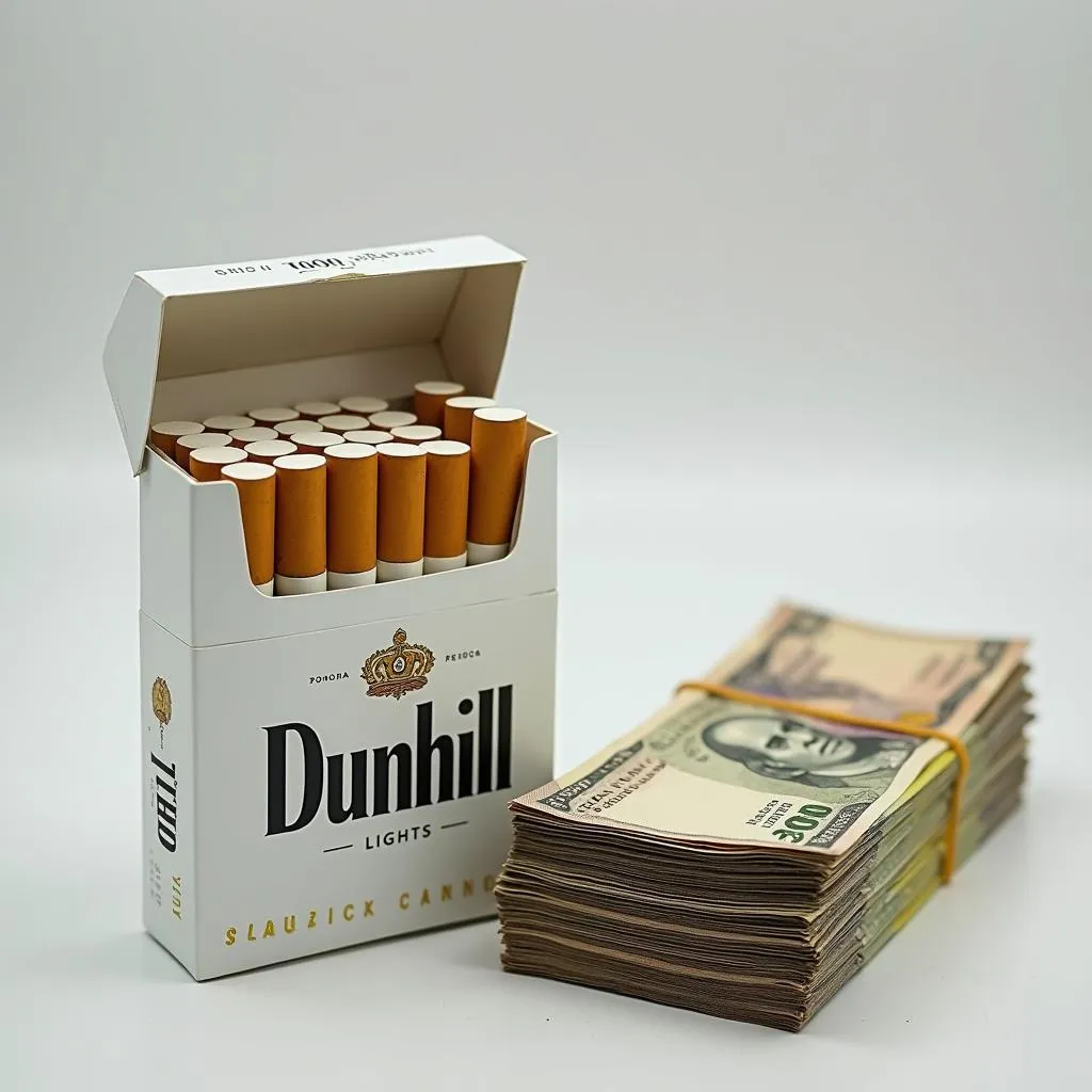 Pakistani Rupee banknotes beside Dunhill Lights cigarettes