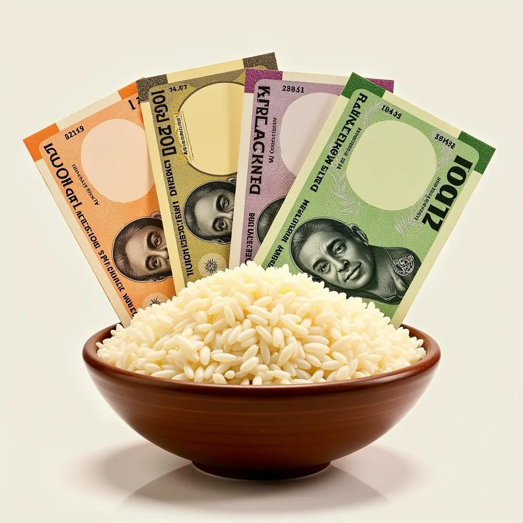 Image of the Pakistani Rupee banknotes and a bowl of rice.