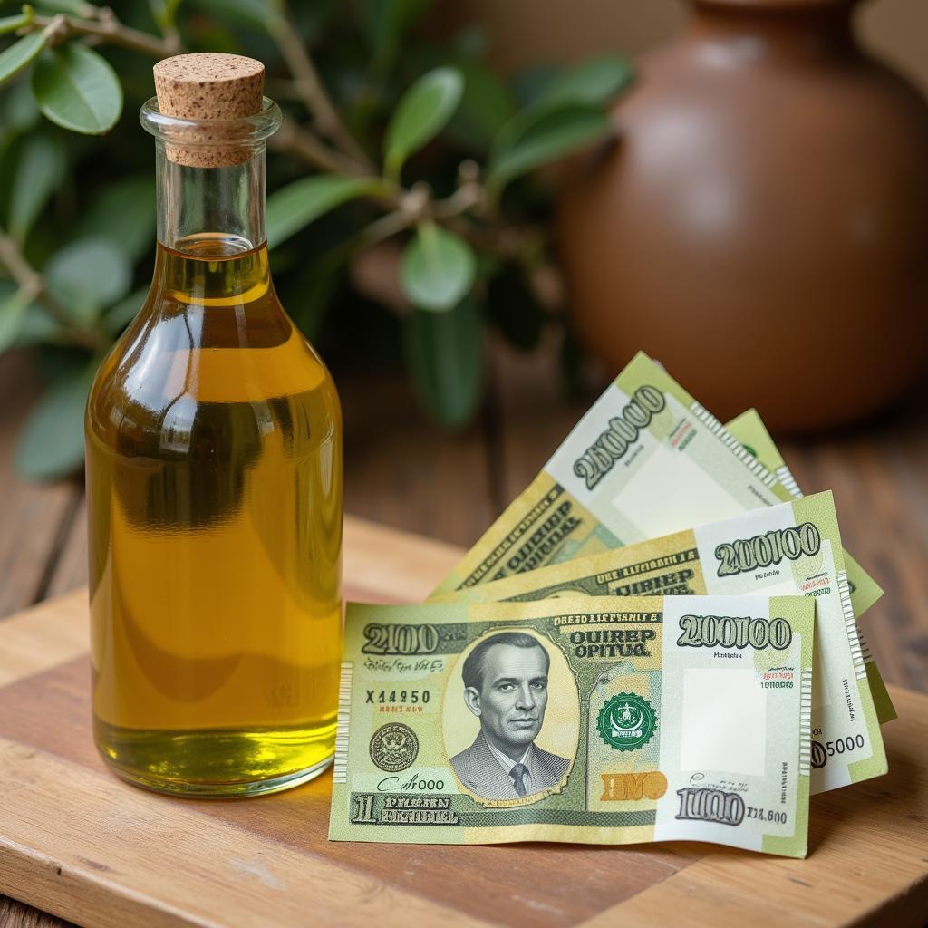 Pakistani Rupees Next to Olive Oil Bottle