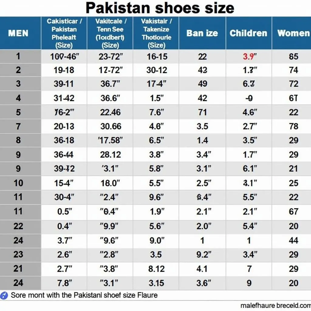 Pakistan Shoe Size Chart