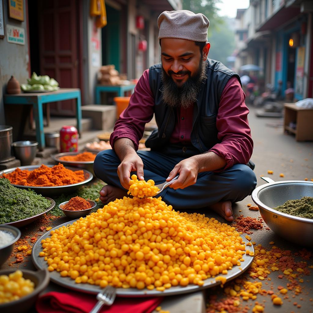 Pakistani street food vendor making nimko