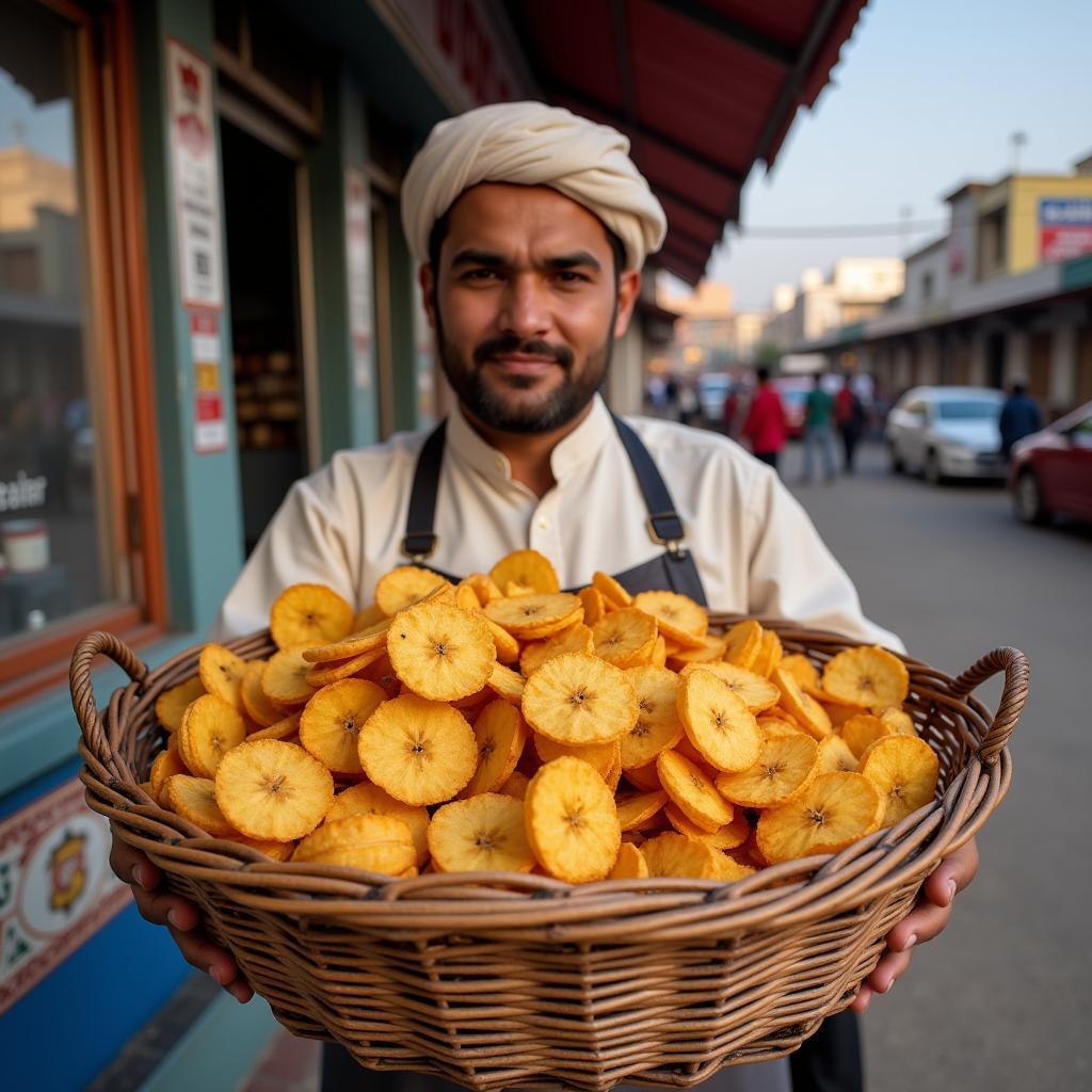 Street Food Vendor with Banana Chips in Pakistan