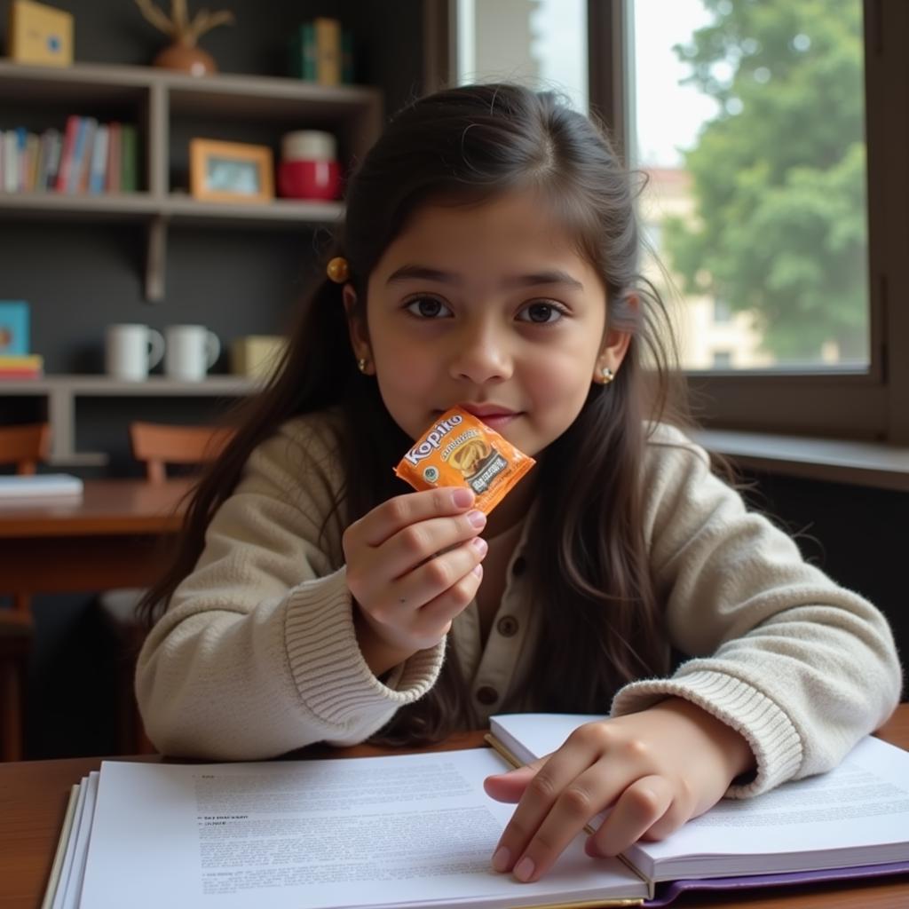 A Pakistani student enjoying a Kopiko coffee candy during a study break