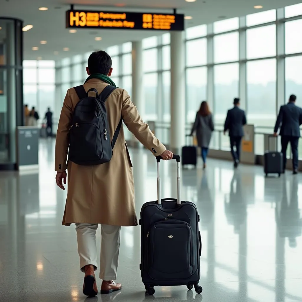 Pakistani Traveler at Airport with Wheeled Carry-On Suitcase