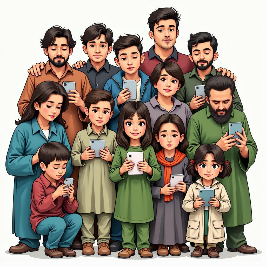 Diverse group of Pakistani people using smartphones