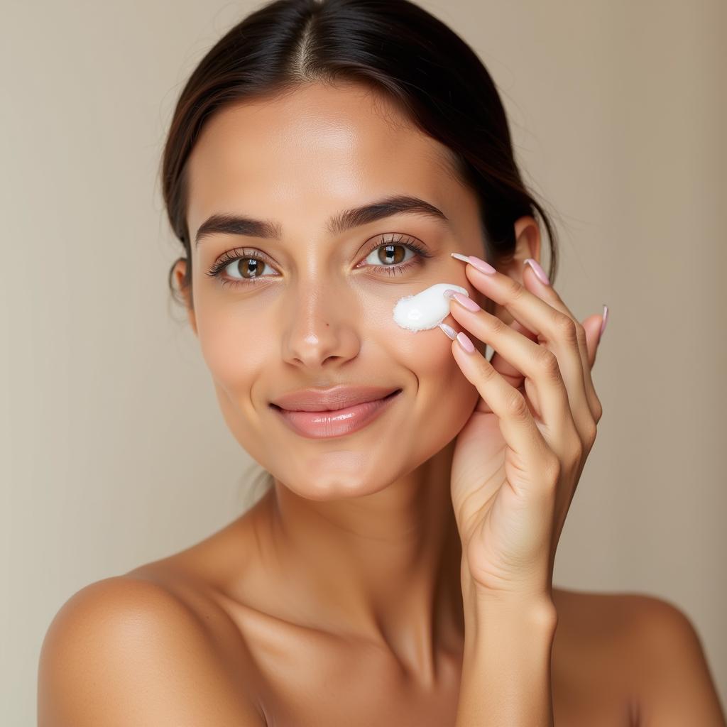 A Pakistani woman applying gel moisturizer on her face.