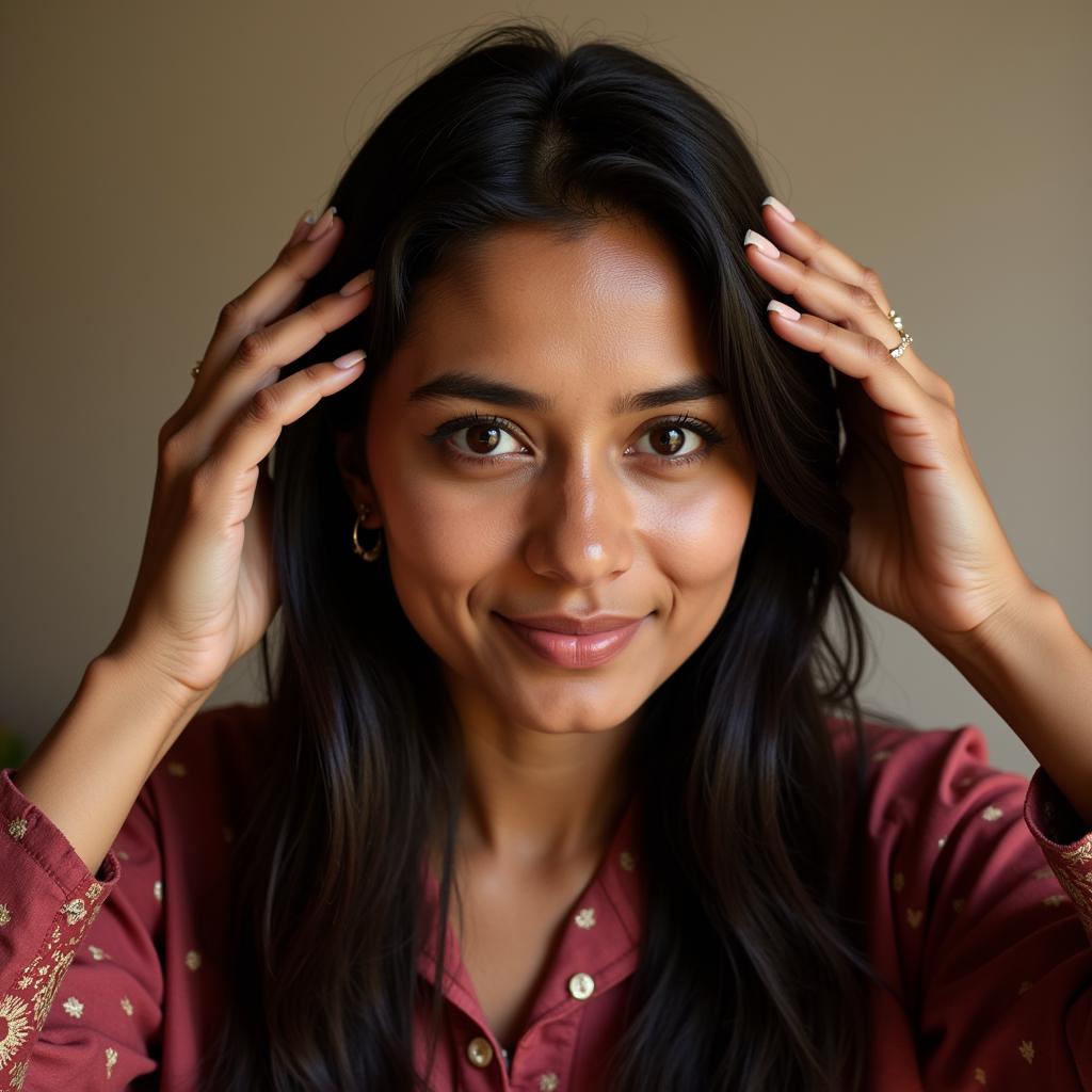 Woman applying herbal hair oil to her long, dark hair