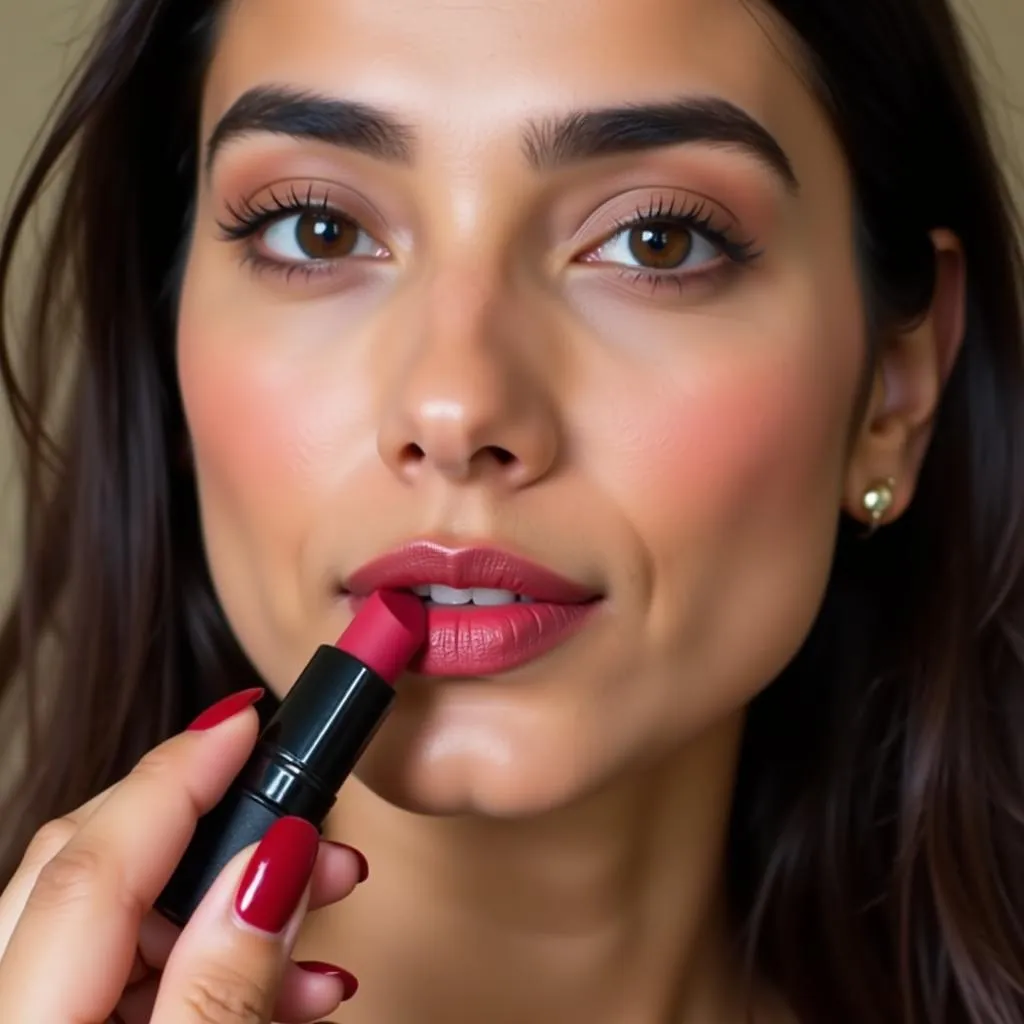 A Pakistani woman applying matte lipstick