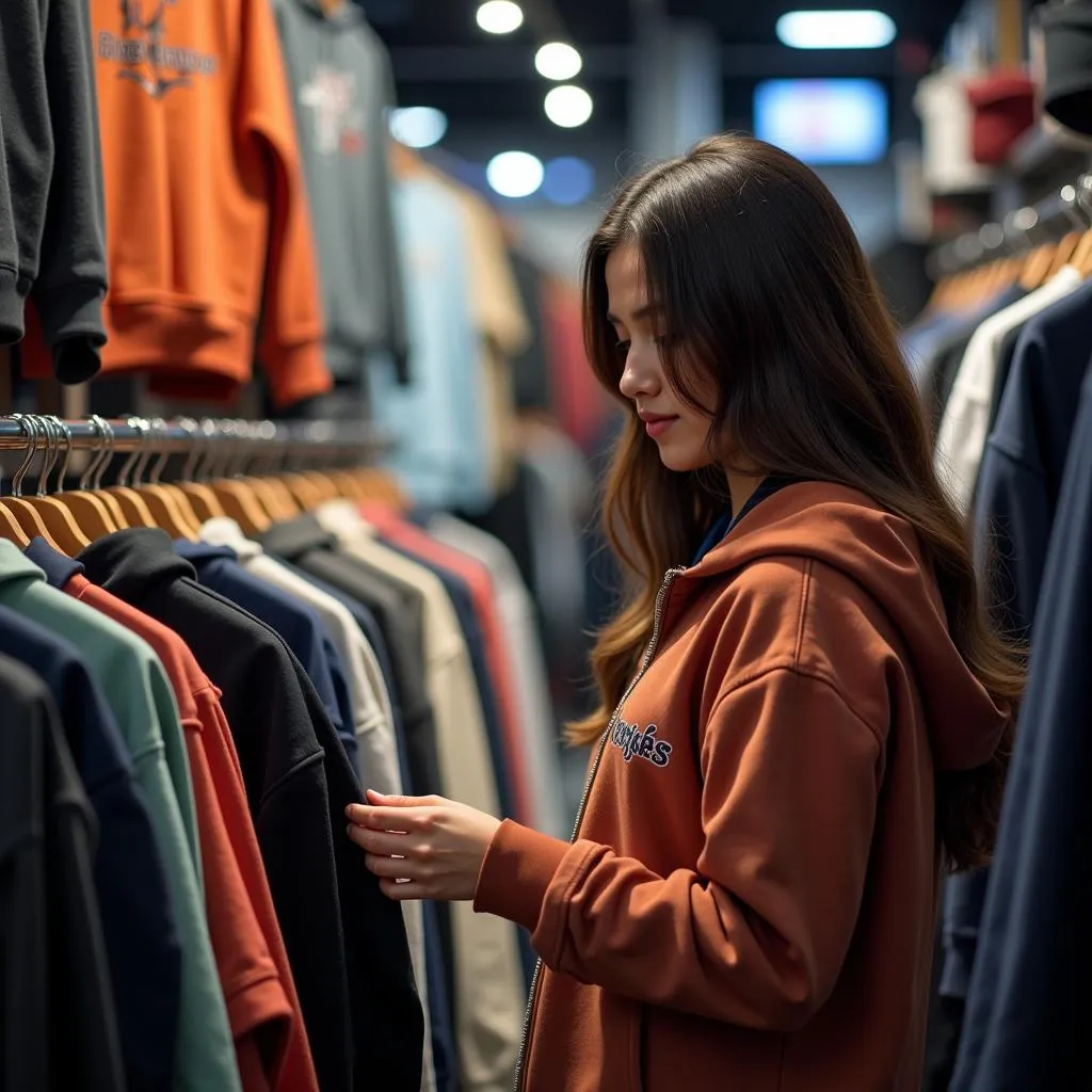 A Pakistani woman carefully selecting a hoodie in a well-stocked clothing store