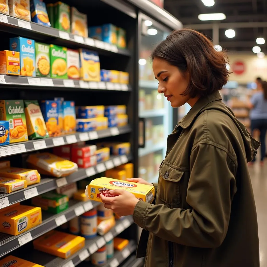 Pakistani woman comparing prices of Adams cheddar cheese in a supermarket.