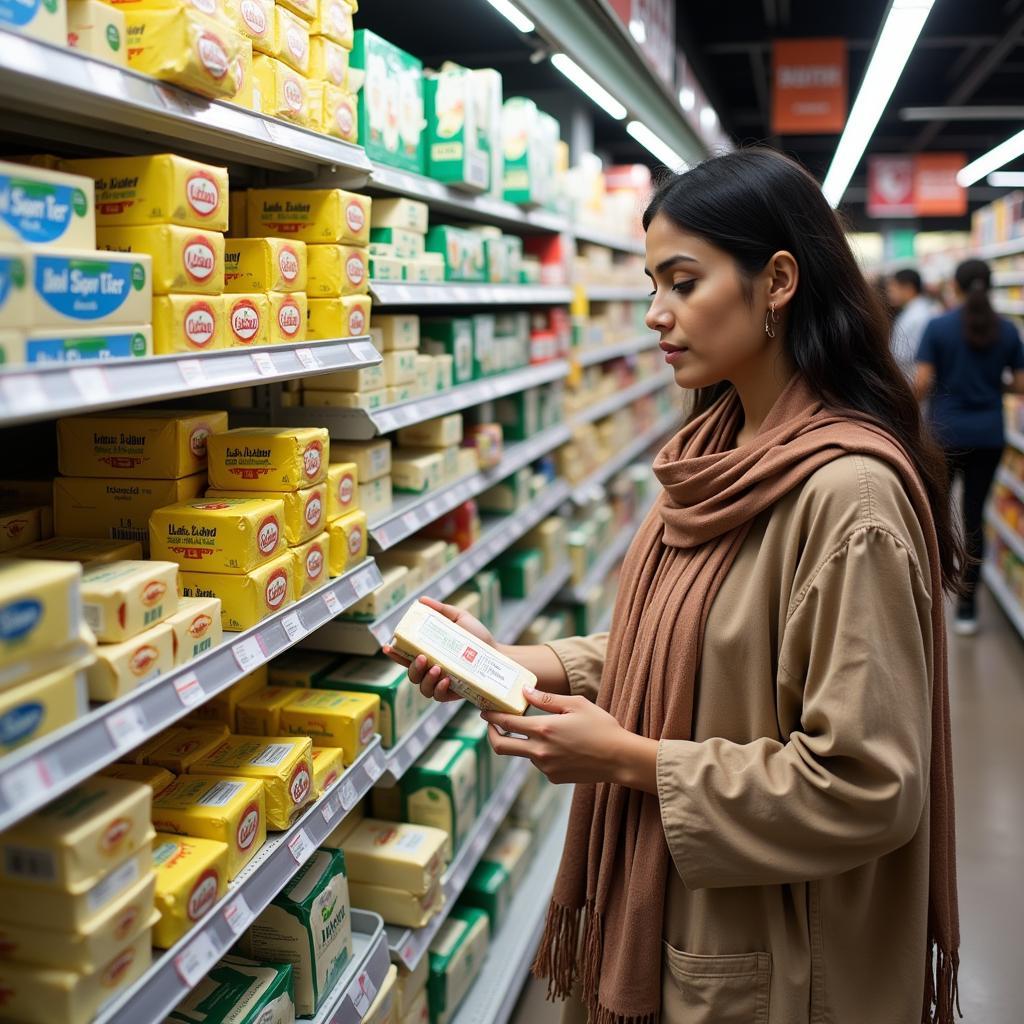 Pakistani Woman Comparing Prices of Unsalted Butter