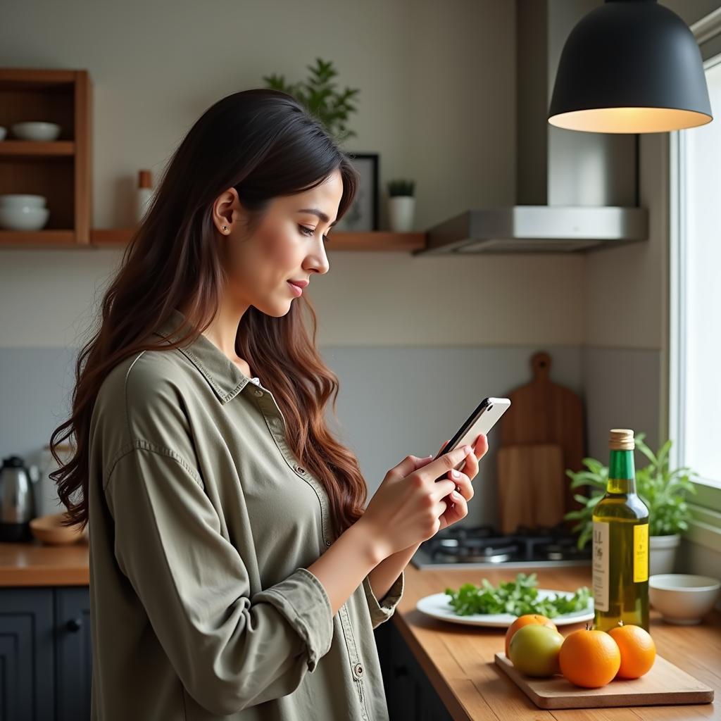 A Pakistani woman in her kitchen compares prices of Italian olive oil on her phone