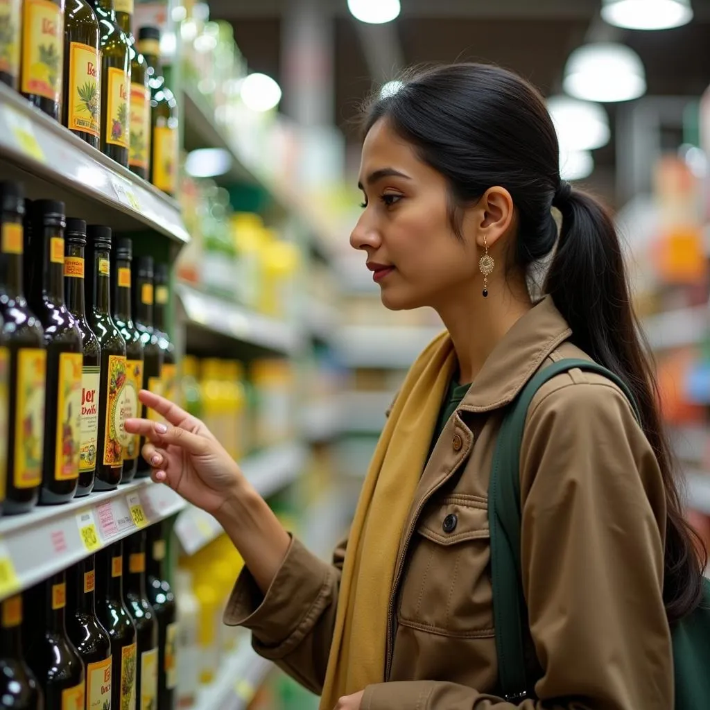 Pakistani woman comparing olive oil bottles