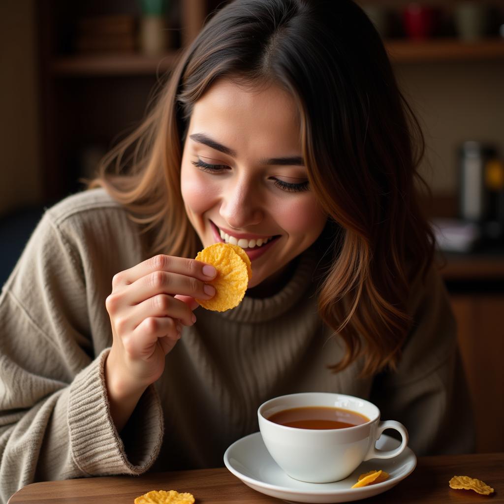 Woman Enjoying Banana Chips and Tea in Pakistan