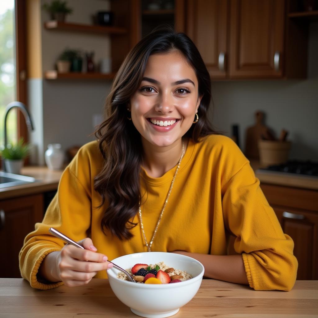 Pakistani Woman Enjoying Steel Cut Oats for Breakfast