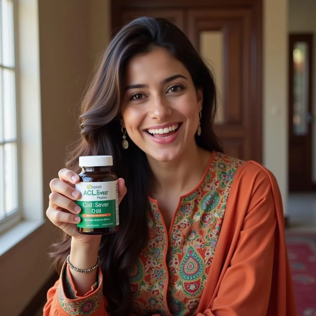 Pakistani woman holding a bottle of cod liver oil capsules.