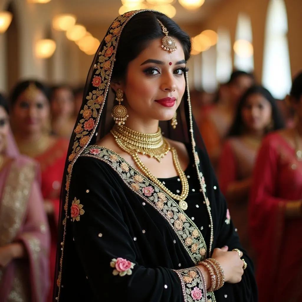 Elegant Pakistani woman in a black saree at a wedding