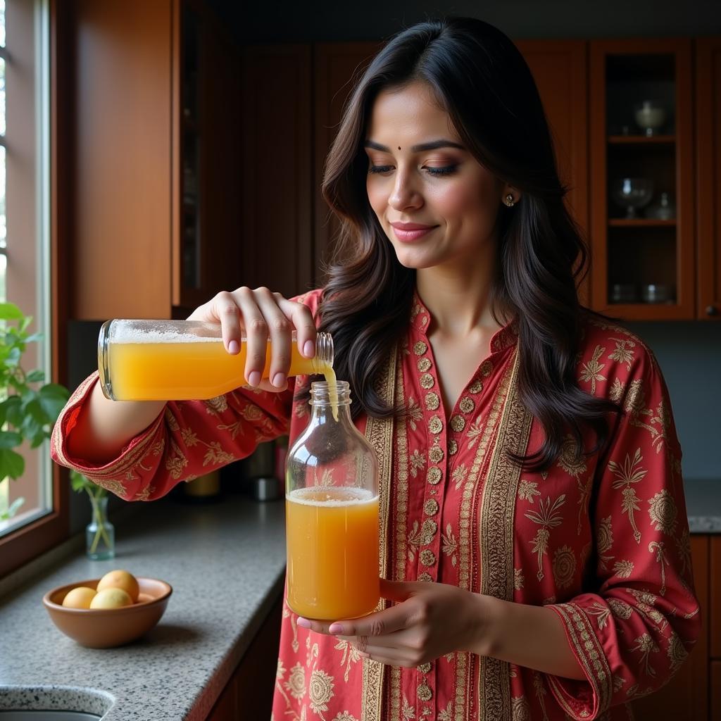 A Pakistani woman brewing kombucha at home