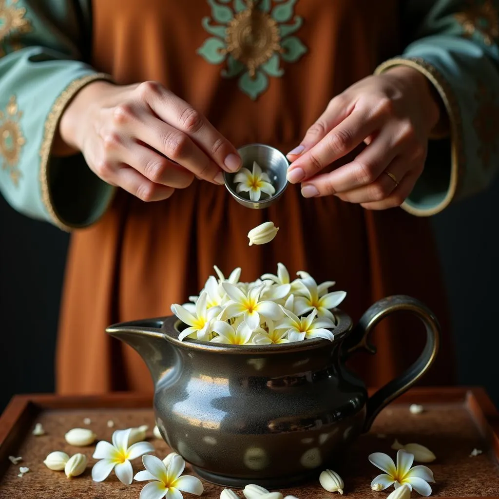 Pakistani Woman Preparing Herbal Tea with Jasmine Flowers