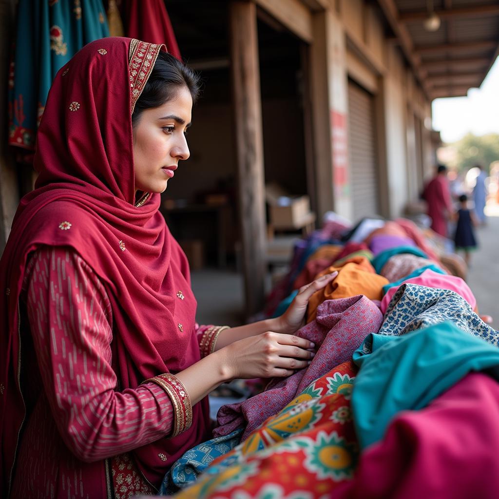 Woman Shopping for Cotton Fabric