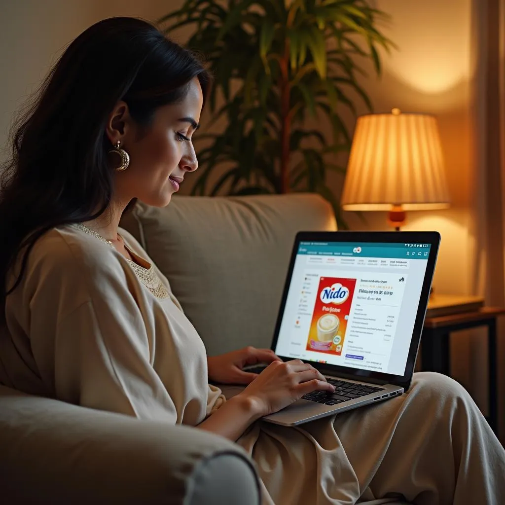 Pakistani woman browsing Nido milk powder deals on her laptop