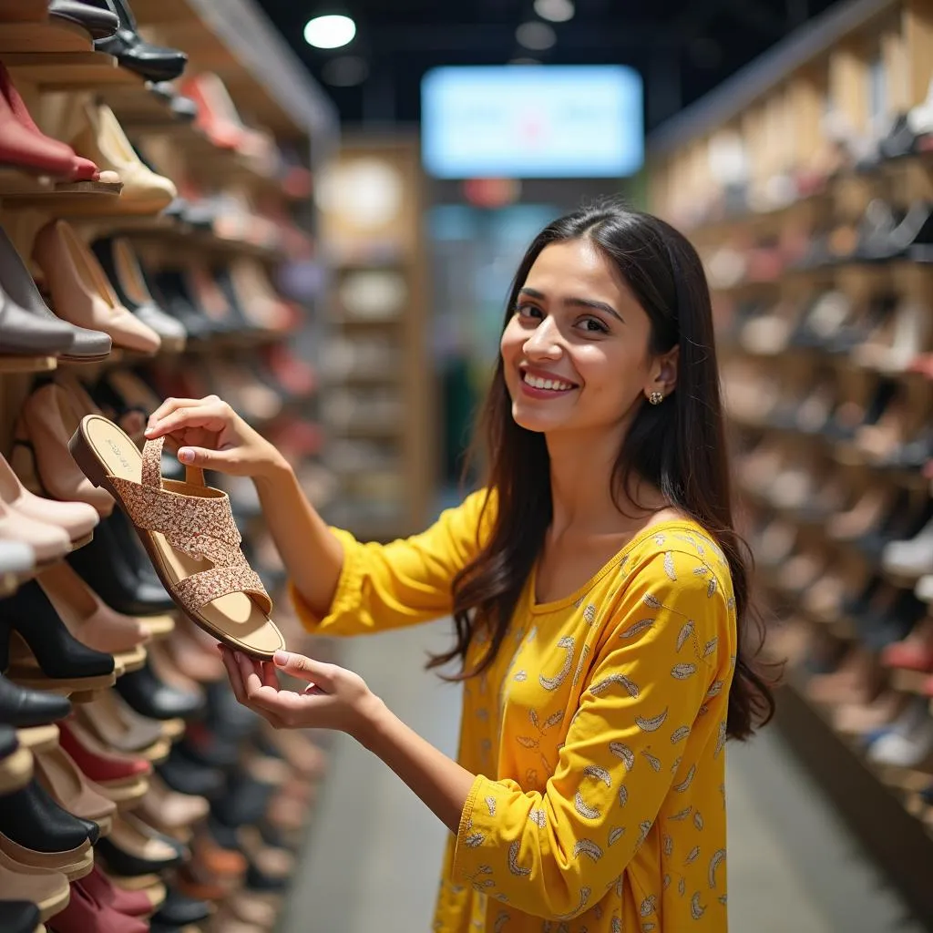 A Pakistani woman trying on sandals in a shoe store