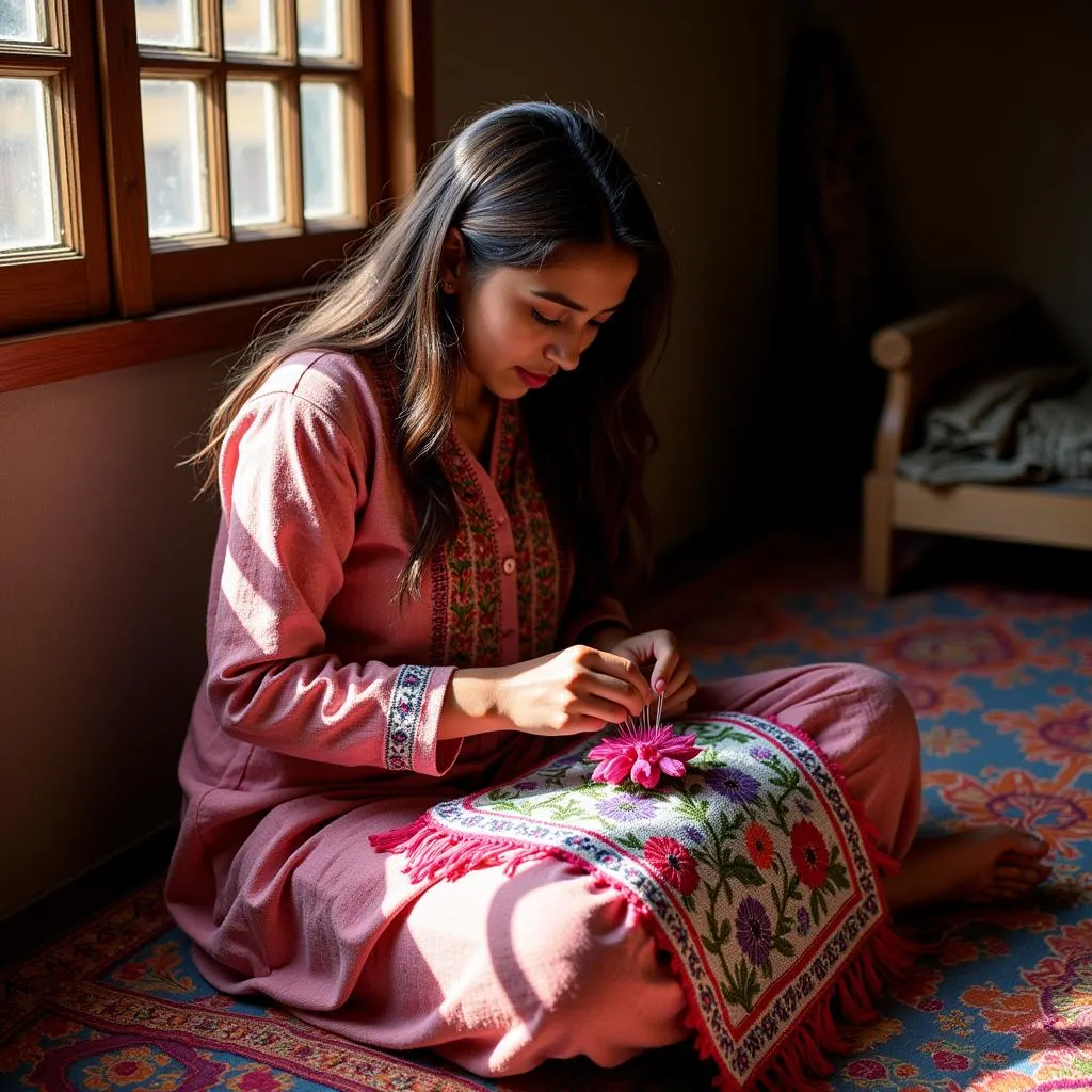 Pakistani Woman Creating Embroidery with Punch Needle