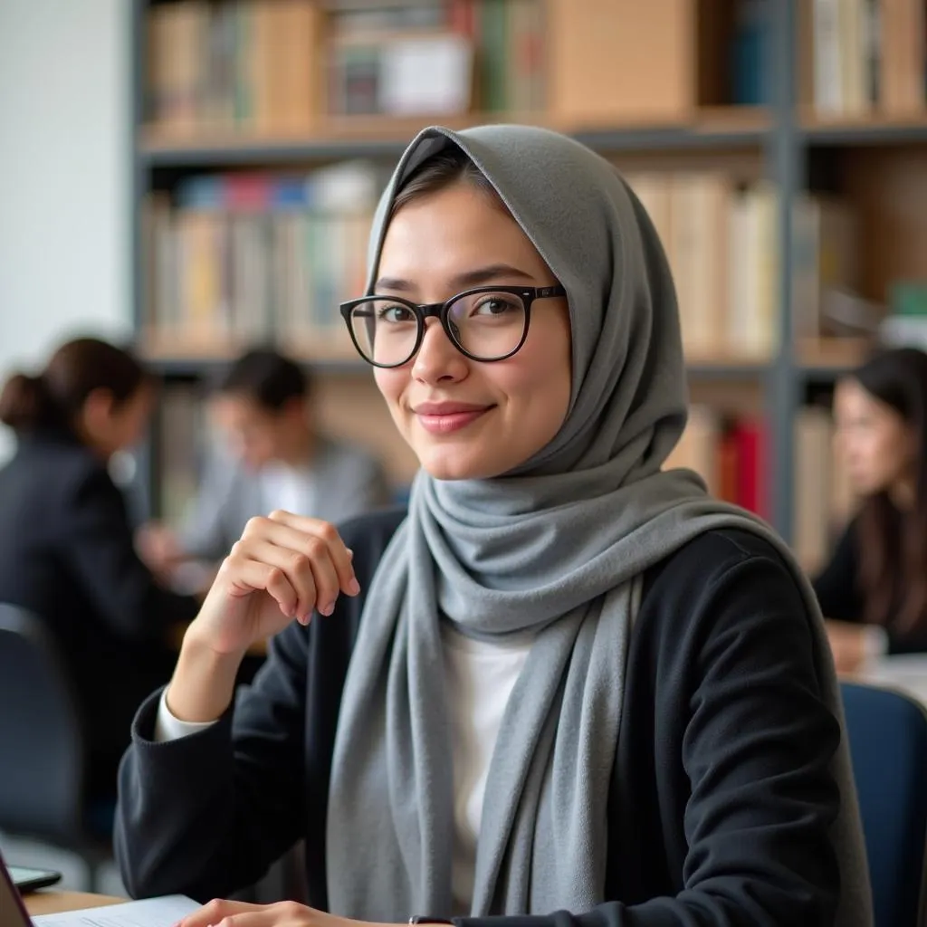 A Pakistani woman wearing a jilbab while attending a lecture at university.