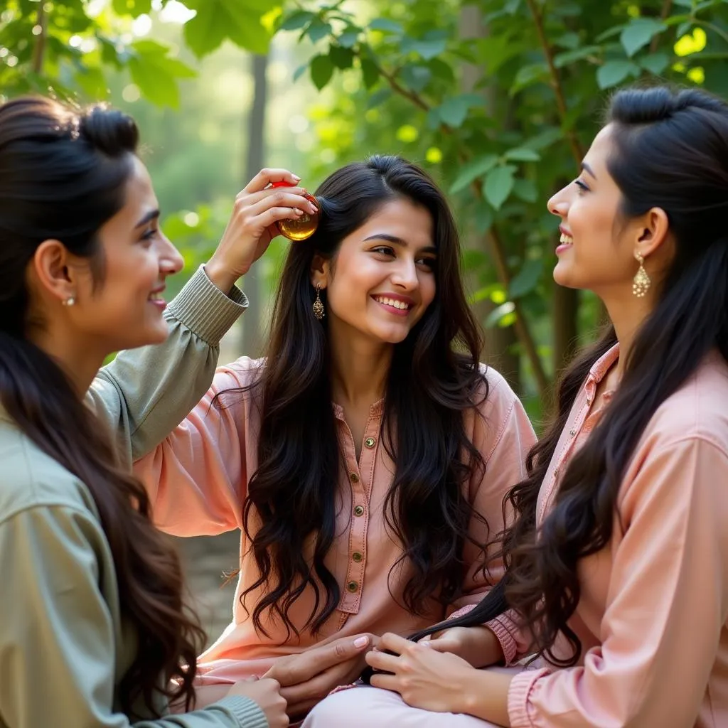 Pakistani Women Applying Hair Oil