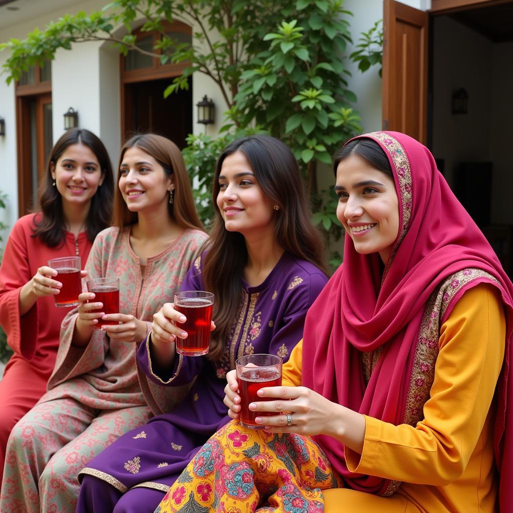 Pakistani Women Enjoying Hibiscus Tea in a Traditional Setting