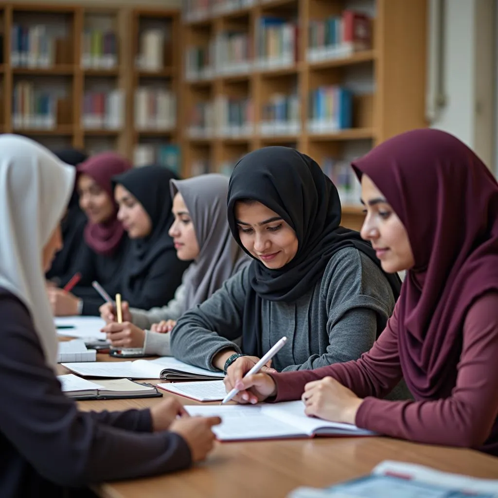 Pakistani women studying in a university library