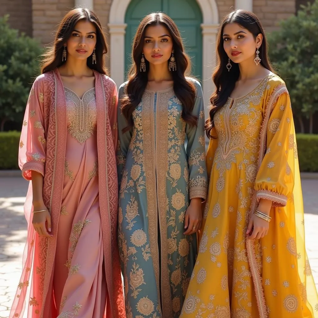 Pakistani women in colorful and stylish Eid outfits.