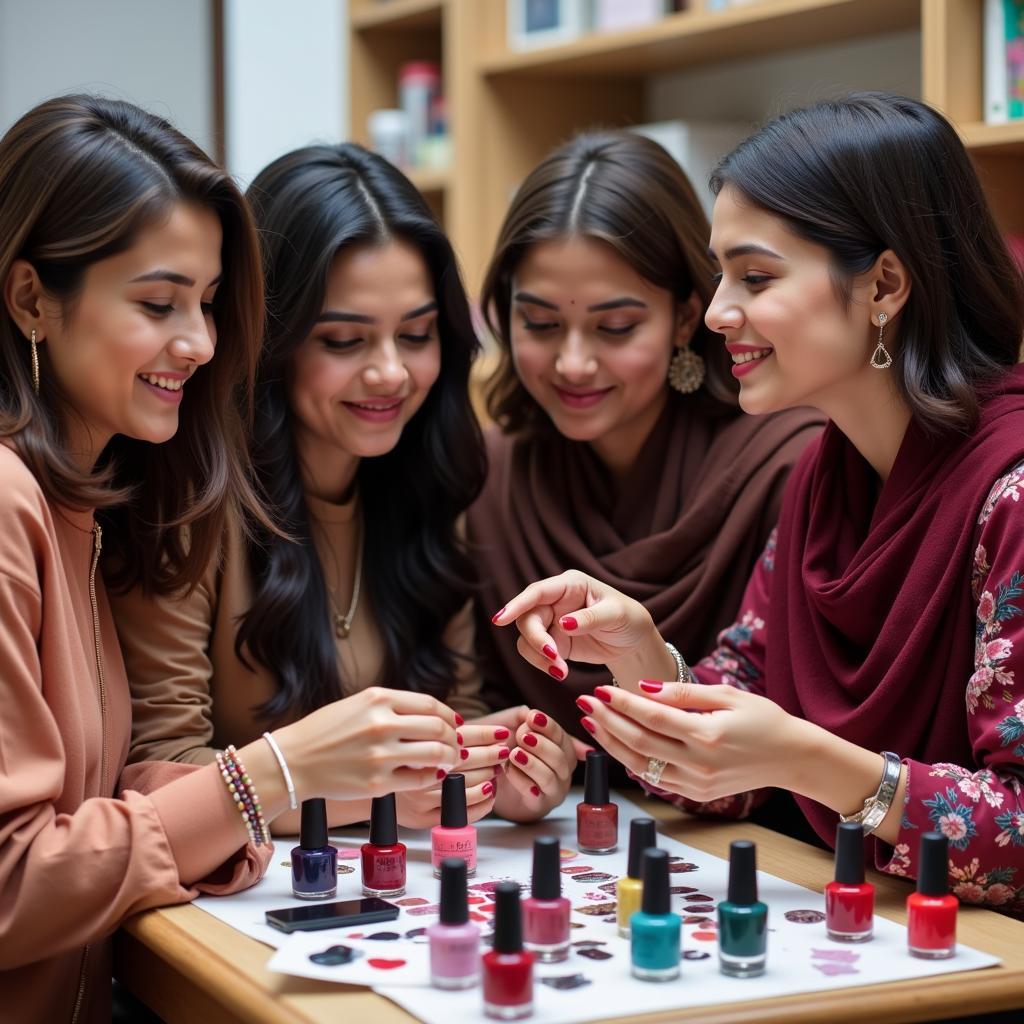 Pakistani women trying different nail polish shades