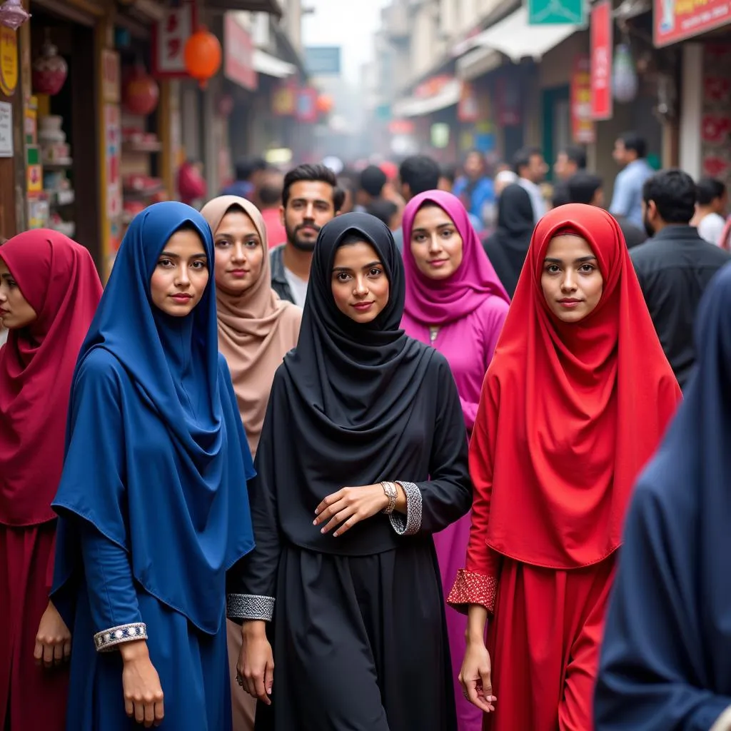 Pakistani women wearing various styles of jilbabs while shopping in a bustling market.