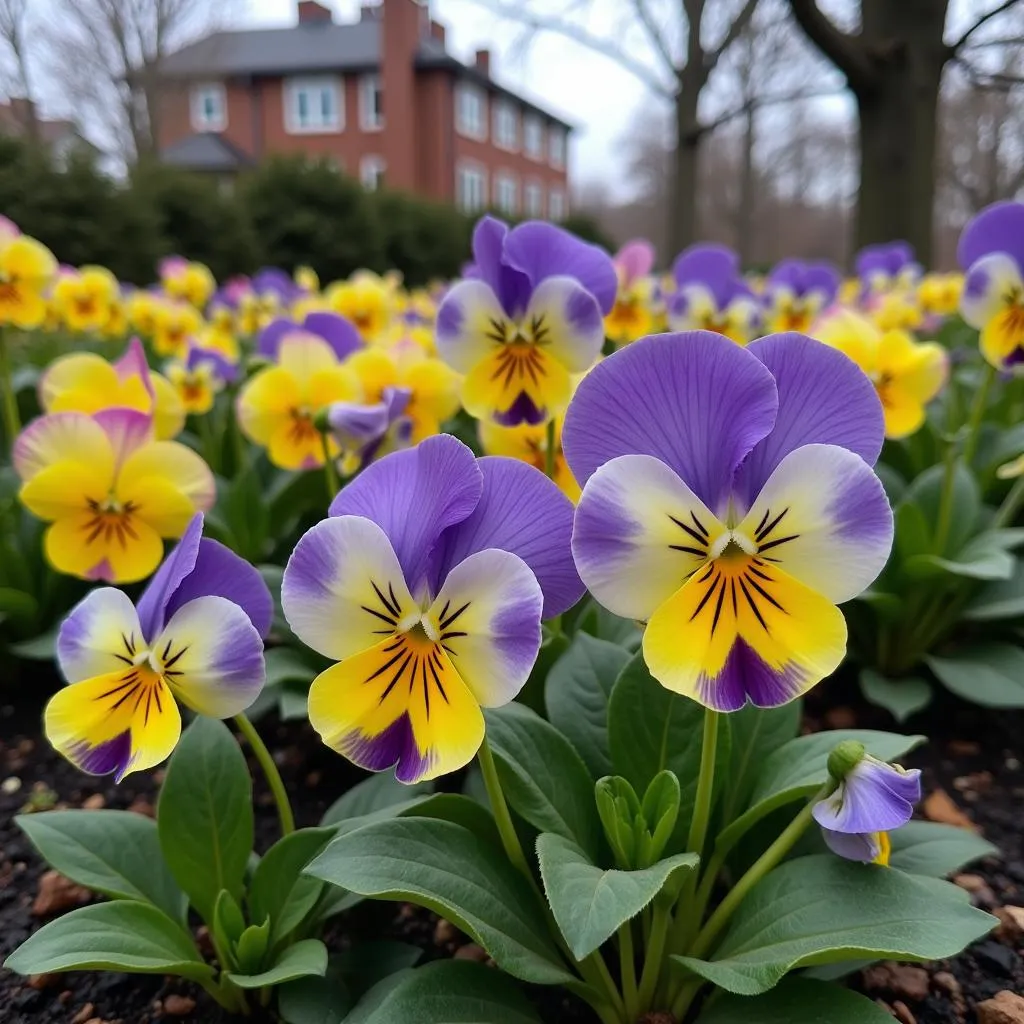 Colorful pansies bring vibrancy to a winter garden