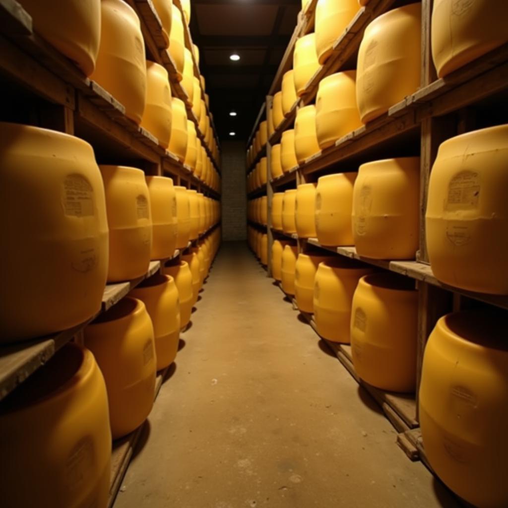 Parmesan cheese wheels aging in a cellar