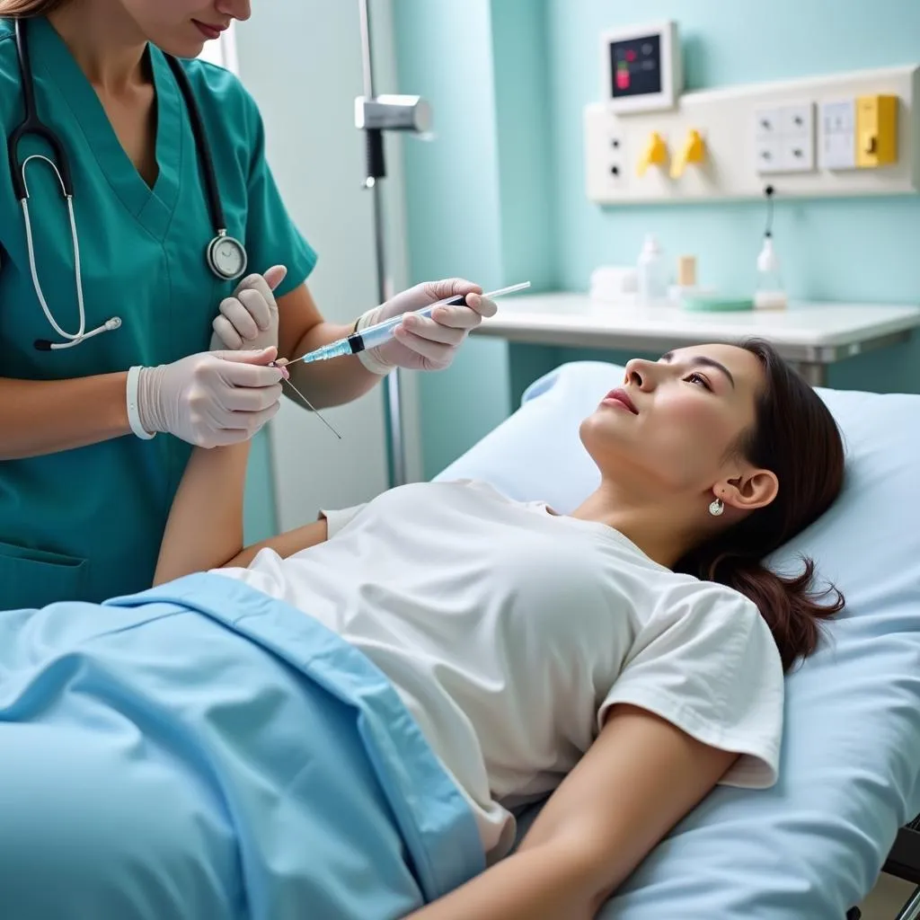 A patient receiving Flagyl injection intravenously in a hospital setting.