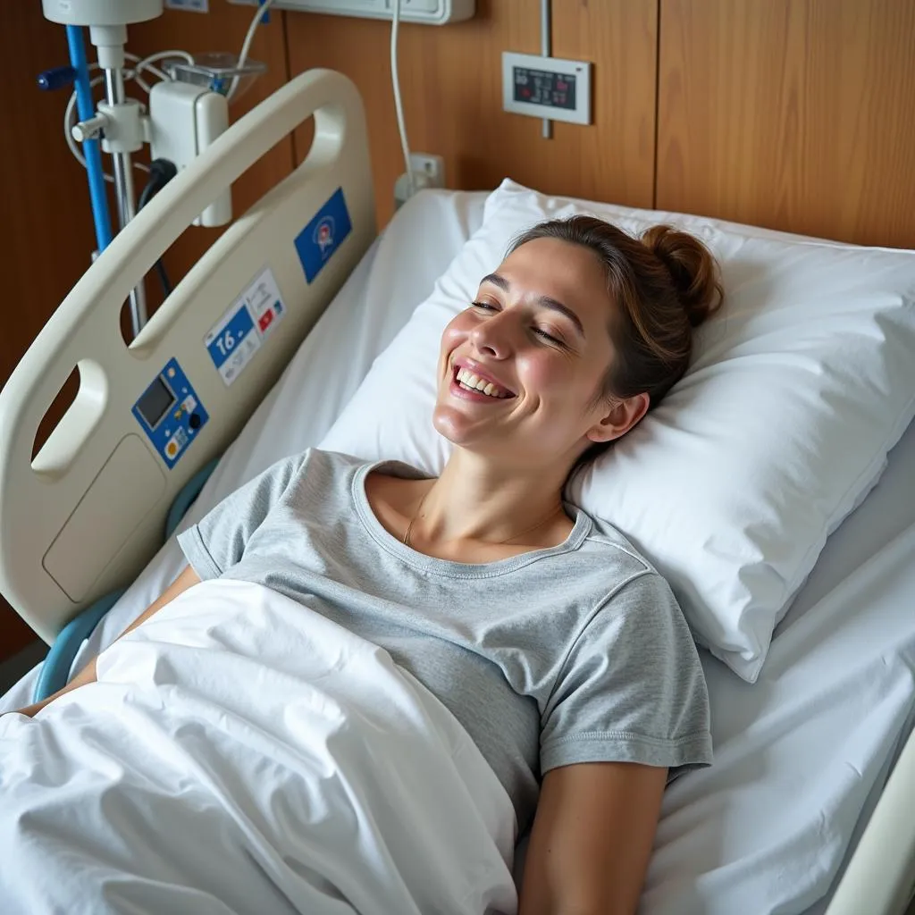 Patient resting in hospital bed after successful bone marrow transplant