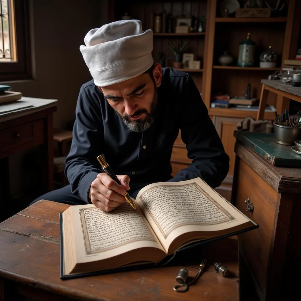 Calligrapher Working on a Pen Wala Quran in Pakistan