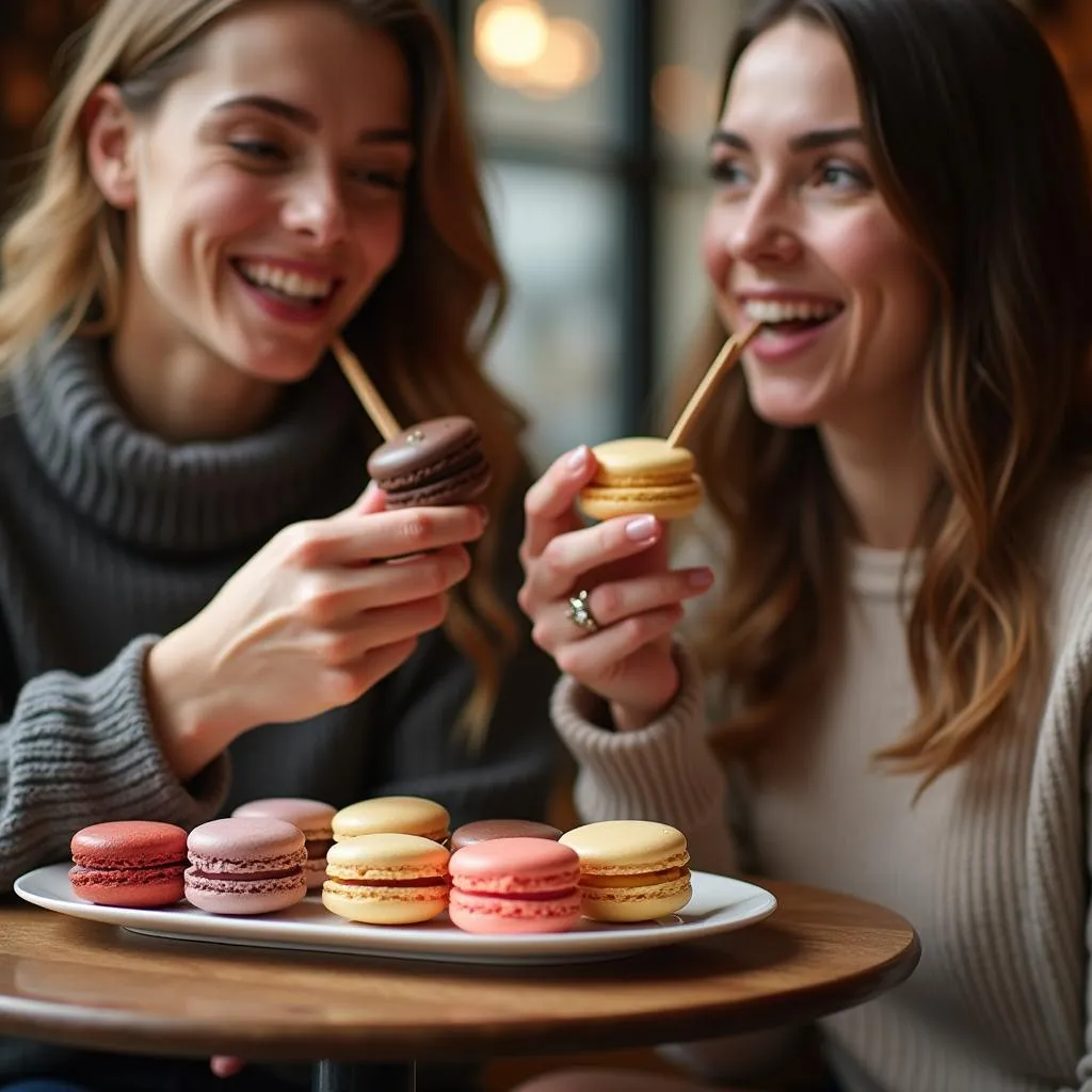 Enjoying Macarons in a Cafe