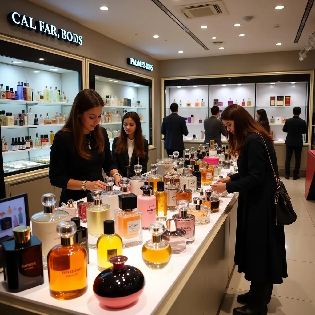 A bustling perfume counter at a department store in Pakistan.