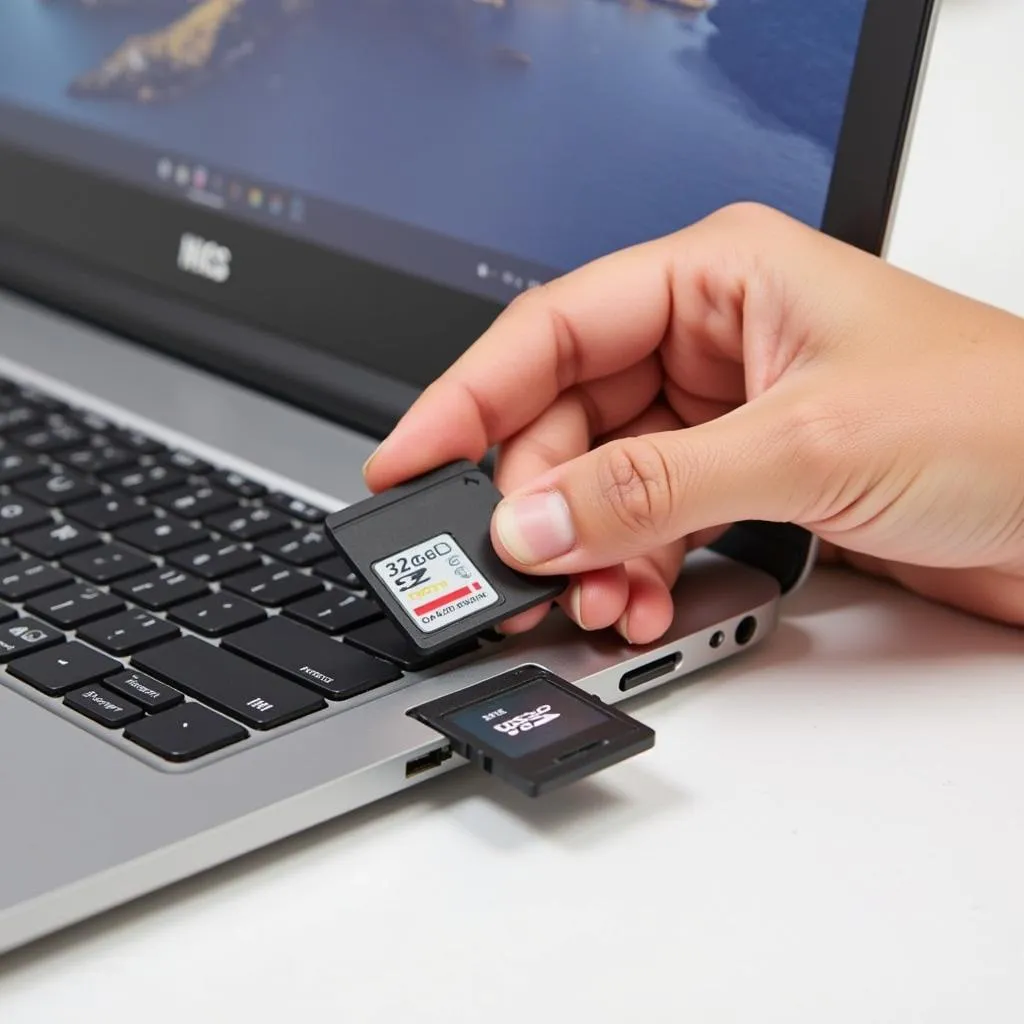 A person inserting a 32GB SD card into a laptop's card reader.