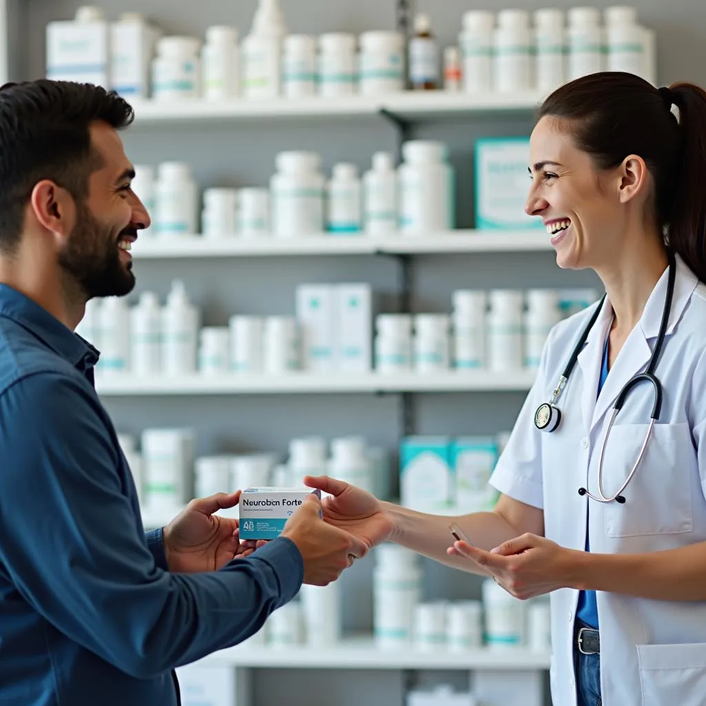 Pharmacist dispensing Neurobion Forte to a customer