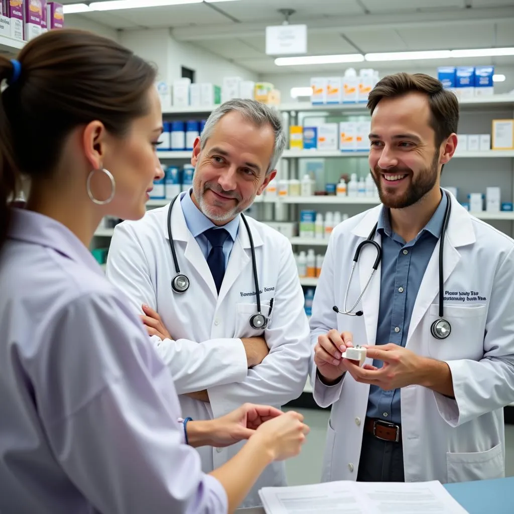 Pharmacist handing medication to a customer