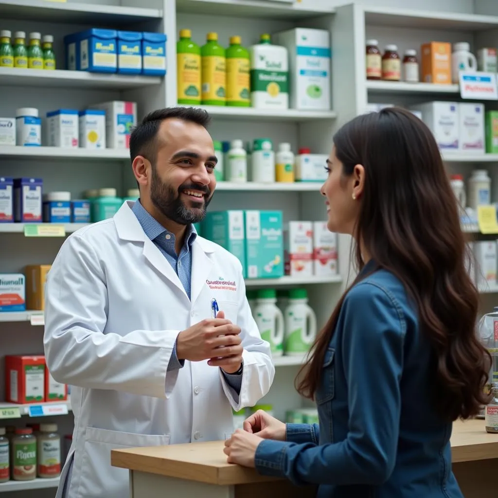 Pharmacist assisting a customer in Pakistan