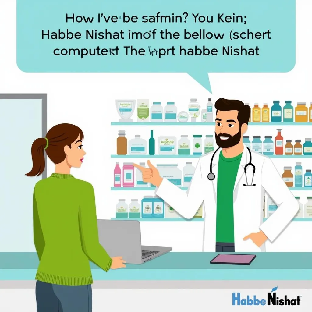 A pharmacist is advising a customer about Habbe Nishat in a pharmacy setting.