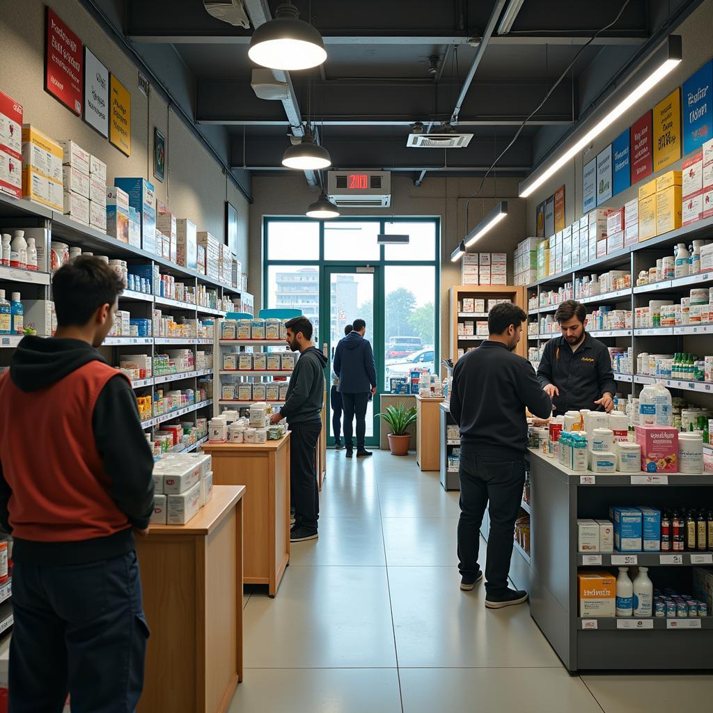 Interior of a bustling pharmacy in Pakistan