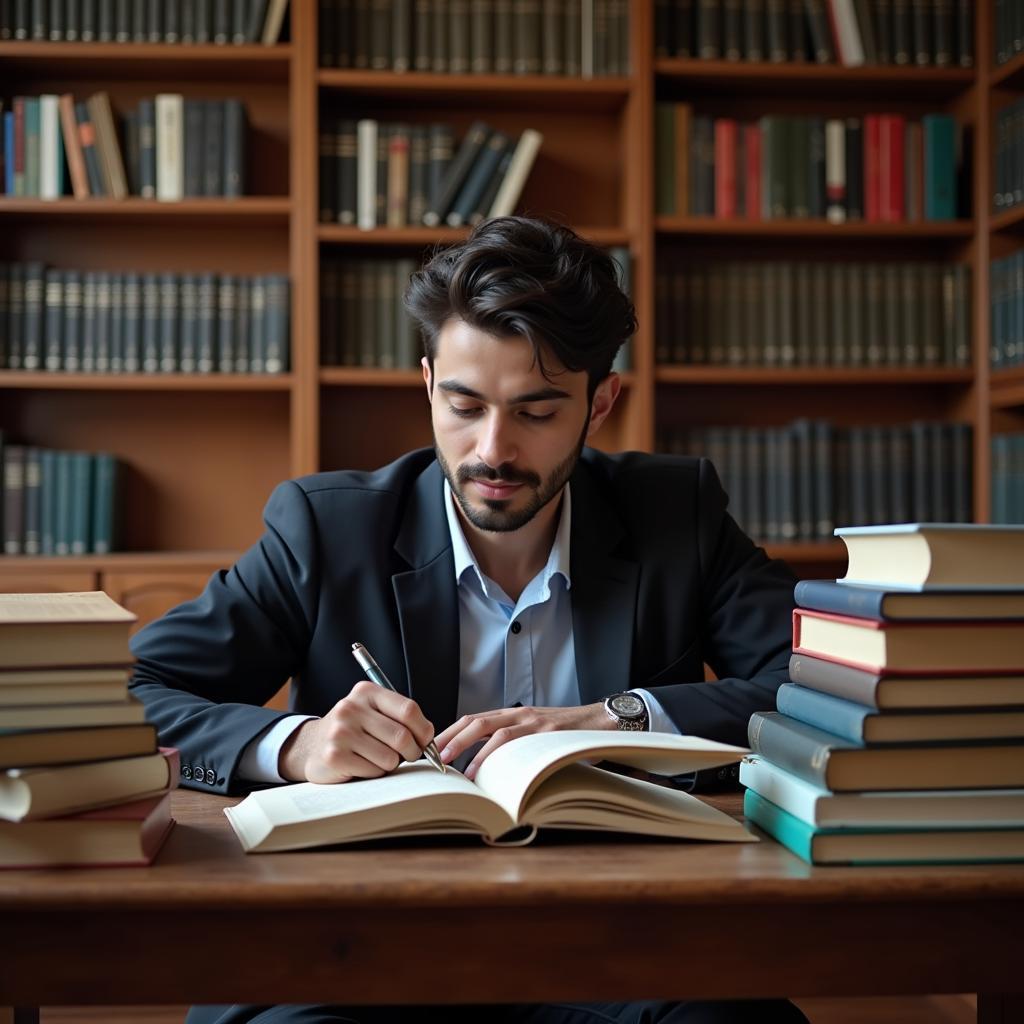 A PhD student engrossed in research at a law library